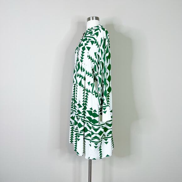 Anna Kay | Geometric White Green Bell Sleeve Flowy Short Designer Summer Dress L - Picture 9 of 11